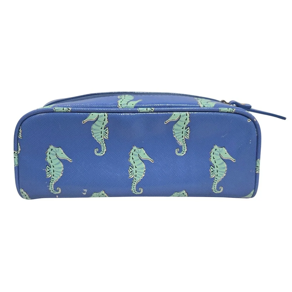 Kate Spade Cosmetic Bag Blue Seahorse Print Saffiano Travel Pouch *see pics